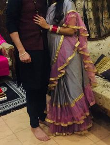 Elegant Grey Saree with Pink Ruffle Border