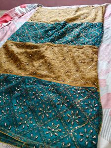 Embroidered Teal and Gold Saree