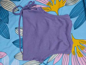 Purple Ribbed Crop Top with Tie-Back