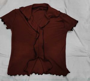 Brown Collar Pico Crop Top Short Sleeves