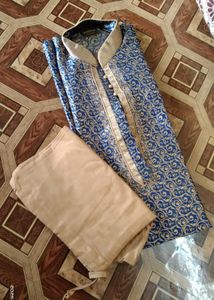 Swayamvar Men's Blue Kurta with Beige Pajama
