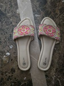 Embroidered Beige Slides