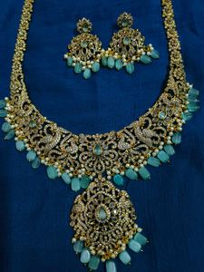 Royal Peacock Designer Necklace Set with Aqua Bead