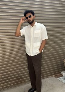 Men's Cream Textured Short Sleeve Shirt