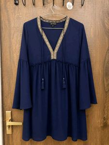 Boho Navy Blue Embroidered Tassel Kurta