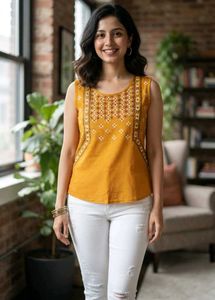Mustard Yellow Embroidered Sleeveless Top