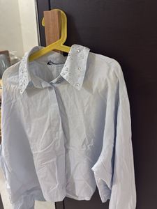 Blue Studded Crop Collar Shirt
