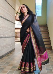 Elegant Black Saree with Pink Border
