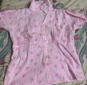Pink Bow Print Button-Up Shirt