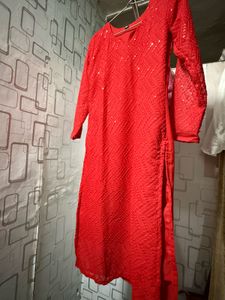 Stunning Red Sequined Kurta Set with Dupatta