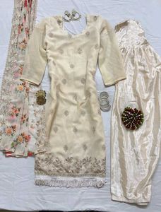 Cream heavy embroidery Kurta Set with y2k Dupatta