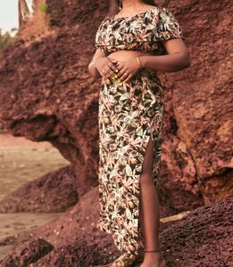 Frill Off Shoulder Crop Top With Side Slit Skirt