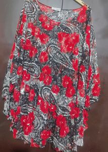 Red & Black Floral Print Net Shrug For Free Size