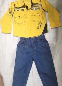Not Out Baby Boy Shirt &amp; Soft Denim Jeans Set |