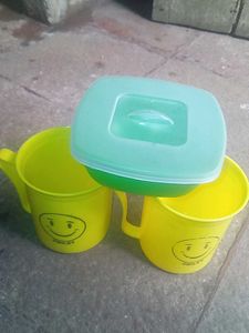 2 Yellow Smiley Face Mugs and bowl