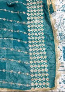 Beautiful Teal Suit Set with Golden Embroidery