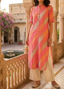 Stylish Pink Orange Diagonal Print Kurta