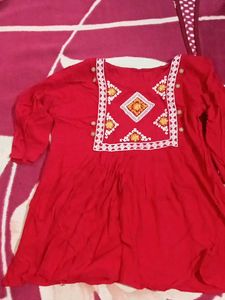 Red Embroidered Short Kurta