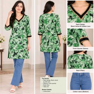 Green Floral Print Kurta with Black Velvet Necklin