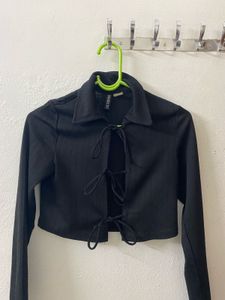 Black Tie Front Cropped Shirt