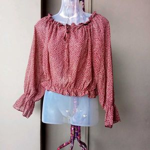Chic Red Floral Print Off-Shoulder Top