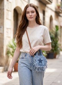 Pintresty Denim Mini fringe Bag with Star Detail