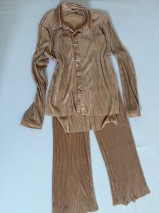 Pleated Button-Up Shirt &amp; Pants Set