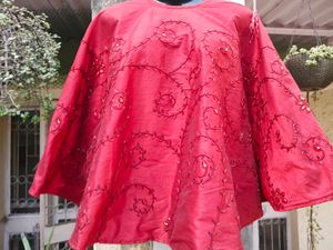 Elegant Red Embroidered Silk Cape