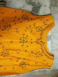 Yellow Embroidered Sleeveless Kurti