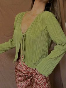 Green bell long sleeve front tie top