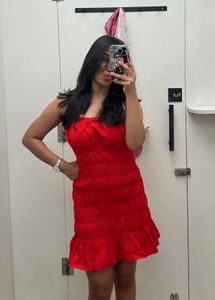 Red Smocked-Detailed Cotton Tiered Dress