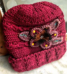 Burgundy Knit Beanie with Floral Embellishment