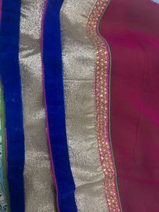 Pink &amp; Green Saree With Bluse And Petticoat