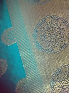 Teal Saree with Gold Paisley &amp; Floral Motifs