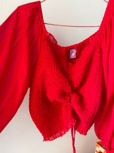 Red Sheer Sleeve Ruched Top
