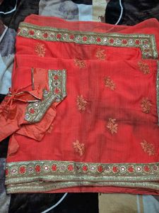 Vibrant Orange Embroidered Saree with Blouse