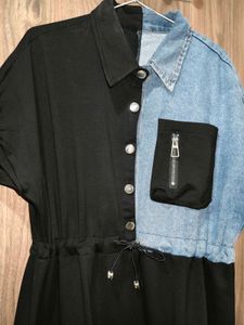 Colorblock Denim &amp; Black Button-Up Dress