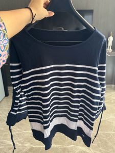 Striped Navy Blue Top with Tie Sleeves