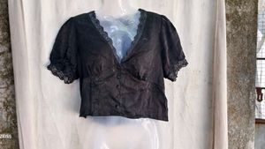 I. Black Lace Trimmed V-Neck Top