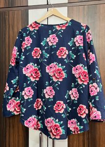 Chic Floral Print Navy Blue Top