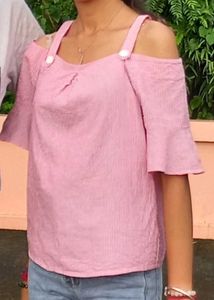 Pink Striped Cold Shoulder Top