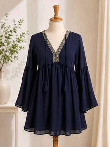 Boho Navy Blue Embroidered Tassel Kurta