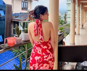 Red Floral Print Halter Neck Dress