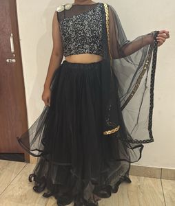 Elegant Black Sequined Crop Top Lehenga