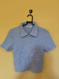 Chic Blue Textured Zipper Top