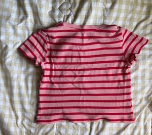 Pink &amp; Red Striped Cropped Tee