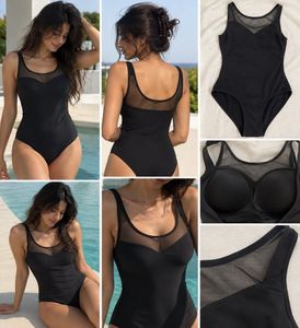 Black One-Piece Swimsuit with Padded Cups & Mesh