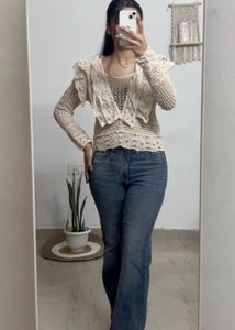 Sheer Lace Trim Crochet Top