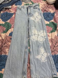H&amp;M butterfly print blue wide jeans