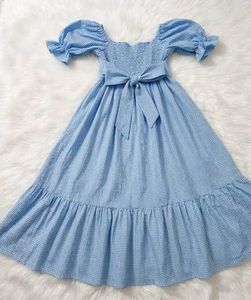 Aesthetic Light Blue Gingham Smocked Midi Dress
